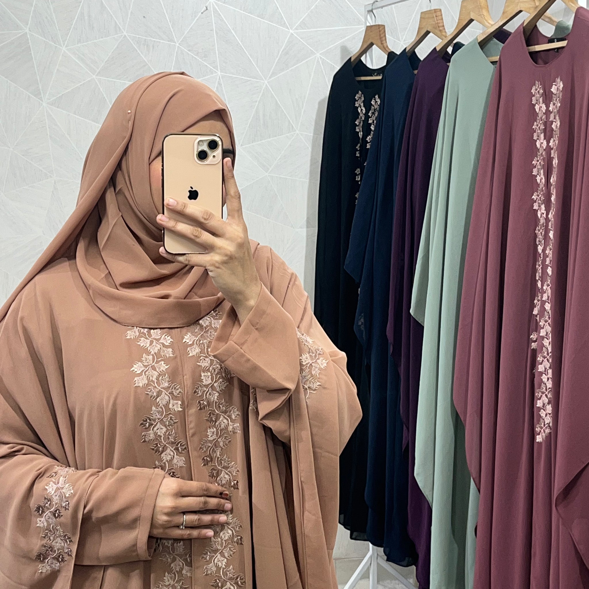 Tan Dubai Style Embroidered Kaftan Abaya