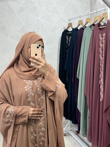 Tan Dubai Style Embroidered Kaftan Abaya