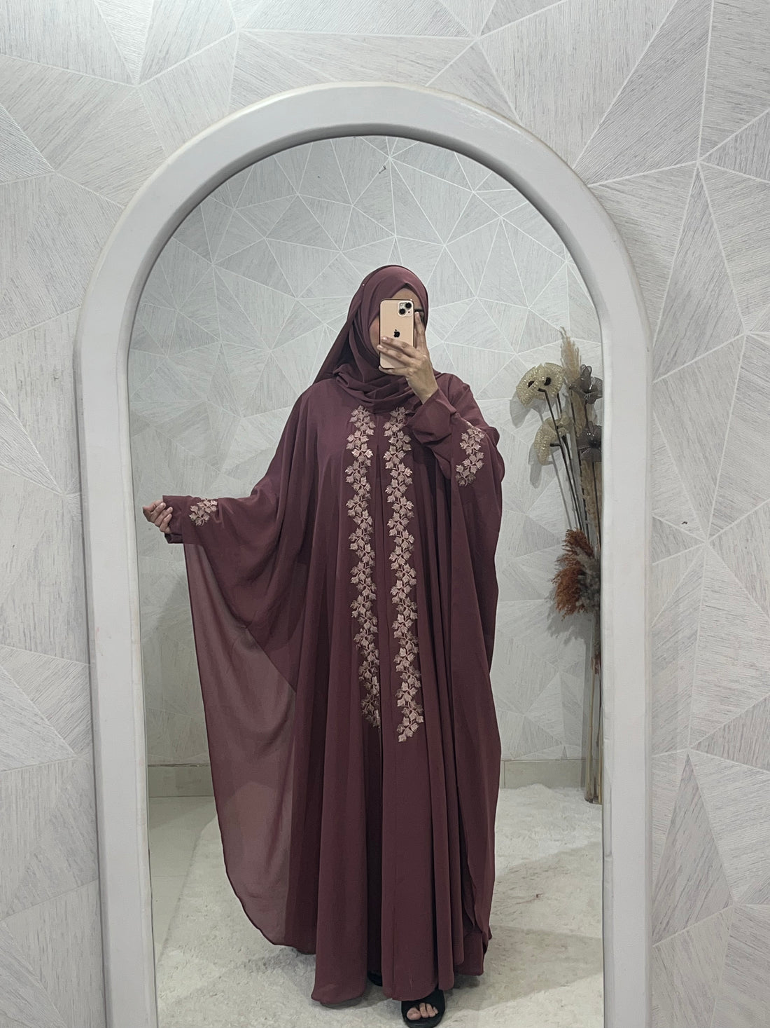 Maroon Dubai Style Embroidered Kaftan Abaya