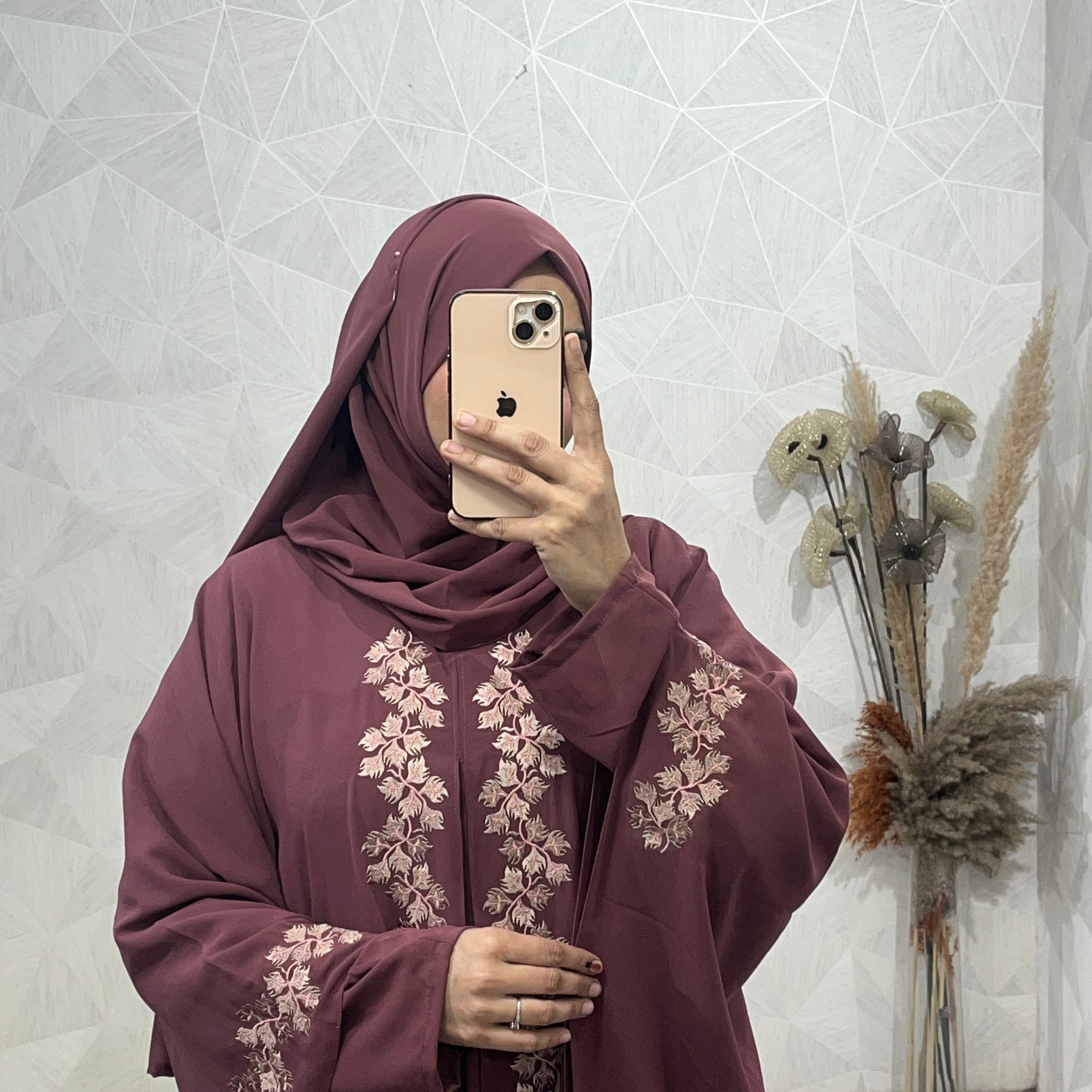 Maroon Dubai Style Embroidered Kaftan Abaya